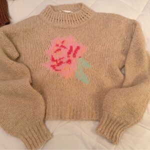 LoveShackFancy Beige Crewneck Sweater with Pink Floral Intarsia